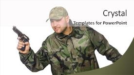 Presentation with gun - PPT layouts consisting of solider holding gun isolated on white background and a white colored foreground