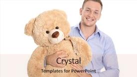  Presentation with sitting teddy bear isolated - Presentation enhanced with solo parent - isolated smiling happy young man background and a  colored foreground