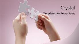  Presentation with solution description - PPT theme consisting of solution description - human hand holding two puzzle background and a soft green colored foreground