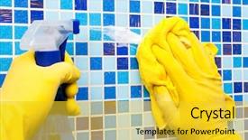  Presentation with sprayer - PPT layouts enhanced with solvent chemicals - person doing chores in bathroom background and a  colored foreground