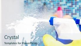  Presentation with home cleaning service - Amazing PPT theme having solvent chemicals - person doing chores in bathroom backdrop and a light blue colored foreground