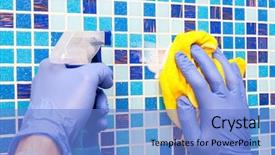  Presentation with sprayer - PPT theme enhanced with solvent chemicals - person doing chores in bathroom background and a  colored foreground