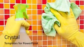  Presentation with tile wall seamless - Presentation theme having solvent chemicals - person doing chores in bathroom background and a yellow colored foreground