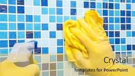  Presentation with bathroom - Slide deck having solvent chemicals - person doing chores in bathroom background and a  colored foreground