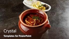  Presentation with black ceramic - Slide set with solyanka-soup-close-up-traditional background and a tawny brown colored foreground