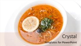  Presentation with soup - Presentation design with solyanka soup isolated on white background and a  colored foreground