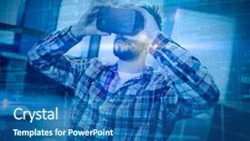  Presentation with matrix - Audience pleasing presentation theme consisting of some blue matrix and codes against man using virtual reality headset backdrop and a ocean colored foreground