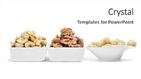  Presentation with macadamia nuts - Slides featuring some bowls with different nuts as cashews walnuts and macadamia nuts on a white background background and a white colored foreground