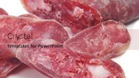  Presentation with fresh fruits salad on white - Theme featuring some-fuet-spanish-salami background and a coral colored foreground