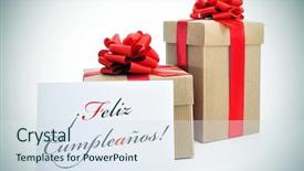  Presentation with signboard - Audience pleasing slide set consisting of some gifts and the text feliz cumpleanos happy birthday written in spanish in a signboard backdrop and a sky blue colored foreground