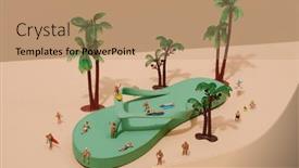  Presentation with next - PPT theme featuring some-miniature-people-in-swimsuit background and a coral colored foreground