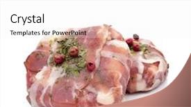  Presentation with burgers - PPT theme consisting of some raw homemade burgers made of minced meat and cheese covered with some strips of bacon and spiced with parsley and red peppercorns on a white background background and a white colored foreground