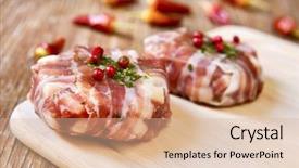  Presentation with burgers - PPT theme consisting of some raw homemade burgers made of minced meat and cheese covered with some strips of bacon and spiced with parsley and red peppercorns on a chopping board placed on a rustic wooden table background and a lemonade colored foreground