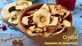  Presentation with served - PPT layouts featuring closeup of some slices of dried apple served as appetizer or snack on a blue rustic wooden table next to a glass with a red smoothie background and a tawny brown colored foreground