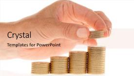  Presentation with background - PPT theme having cost saving many hands money - some stacks of coins background and a coral colored foreground
