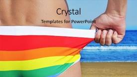  Presentation with beach rainbow - PPT theme featuring someone adjusting his rainbow swimsuit background and a coral colored foreground