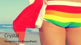  Presentation with beach rainbow - Colorful PPT theme enhanced with someone at the beach wearing backdrop and a coral colored foreground