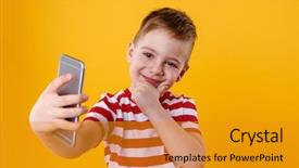  Presentation with selfie - Presentation design having something isolated over orange background background and a gold colored foreground