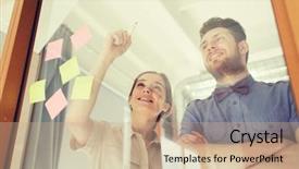  Presentation with office management - Presentation design with something on blank office glass background and a coral colored foreground