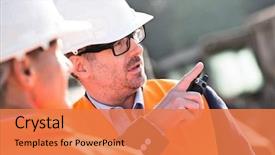  Presentation with construction site construction - Presentation featuring something to colleague at construction background and a coral colored foreground