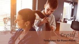  Presentation with play - Presentation theme consisting of son-and-mother-with-ponytail background and a red colored foreground