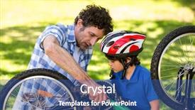  Presentation with father and son - PPT theme enhanced with son fixing the bike background and a ocean colored foreground