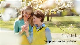  Presentation with mothers day - Audience pleasing slide deck consisting of son-giving-his-mom-flowers backdrop and a yellow colored foreground