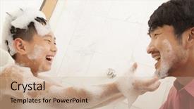  Presentation with father son and looking - Cool new PPT layouts with son in bathtub puts soap backdrop and a soft green colored foreground