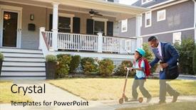  Presentation with catholic father son hoyly spirit - Theme with son on scooter to school background and a yellow colored foreground