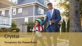  Presentation with father - Colorful PPT layouts enhanced with son on scooter to school backdrop and a yellow colored foreground