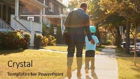  Presentation with father - Beautiful presentation theme featuring son on scooter to school backdrop and a yellow colored foreground