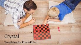  Presentation with father - PPT theme having son playing checker game background and a coral colored foreground