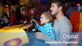  Presentation with video game - Theme having son playing driving wheel video background and a teal colored foreground