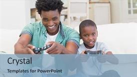  Presentation with video game - Cool new PPT theme with son playing video game backdrop and a light blue colored foreground