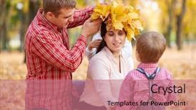  Presentation with children parents - PPT layouts consisting of father and son put yellow fallen leaves on mother head happy family is in autumn city park children and parents they posing smiling playing and having fun bright yellow trees background and a coral colored foreground