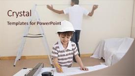  Presentation with happy kids - Slide set having son refurbishing home together background and a  colored foreground