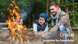  Presentation with family tourism - Audience pleasing PPT theme consisting of son roasting marshmallow over campfire backdrop and a coral colored foreground