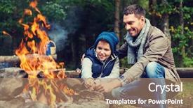  Presentation with family tourism - PPT theme consisting of son roasting marshmallow over campfire background and a coral colored foreground