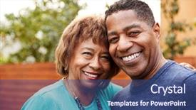  Presentation with black woman - Amazing presentation theme having son smiling to camera head backdrop and a ocean colored foreground
