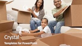  Presentation with new home - PPT layouts enhanced with son unpacking boxes and moving background and a coral colored foreground