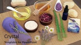  Presentation with soothing - Beautiful PPT layouts featuring soothing - medicinal herbs flowers and ingredients backdrop and a coral colored foreground