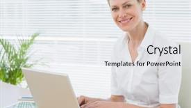  Presentation with desk - Slide deck with sop - portrait of a smiling young background and a white colored foreground