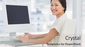  Presentation with computer - Cool new PPT layouts with sop - portrait of a young businesswoman backdrop and a soft green colored foreground