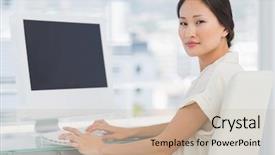  Presentation with computer - Slide deck enhanced with sop - portrait of a young businesswoman background and a  colored foreground