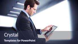  Presentation with tablet - Colorful presentation design enhanced with sophisticated - businessman standing while using backdrop and a tawny brown colored foreground