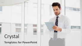  Presentation with taking notes - Colorful PPT theme enhanced with sophisticated - businessman using laptop and taking backdrop and a white colored foreground