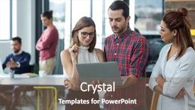  Presentation with team discussion marketing - Slide deck featuring sophisticated - businesspeople having discussion over laptop background and a violet colored foreground