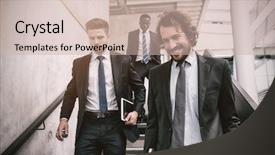  Presentation with climbing stairs - Presentation featuring sophisticated - group of businessmen climbing down background and a soft green colored foreground