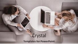  Presentation with using digital tablet - Audience pleasing theme consisting of sophisticated - overhead view of businesswomen using backdrop and a light gray colored foreground