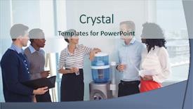  Presentation with coworkers - Slides with sophisticated - young coworkers discussing while standing background and a sky blue colored foreground